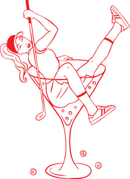 recommend clip art: Retro golf girl in Martini cocktail glass line art sketch.