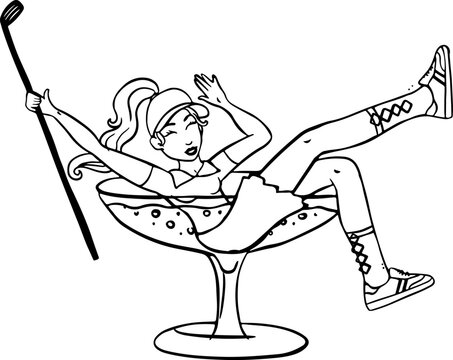 recommend clip art: Retro golf girl in Martini cocktail glass line art sketch.