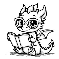  Baby Dragon Reading Coloring Page