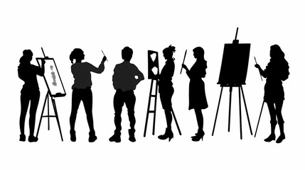 Obraz premium Silhouette of people artists, people painting at an easel, set, collection on a white background vector. Silhouette Art. Illustration