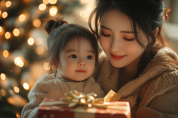 Joyful holiday moments between mother and daughter