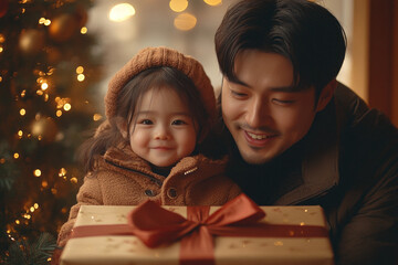 Smiling father with daughter celebrating Christmas with gifts