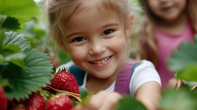 A young girl smiles brightly while picking strawberries in a field.
