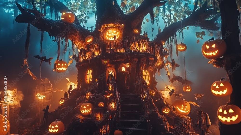 Poster a spooky treehouse with glowing jack-o'-lanterns hanging from the branches and scattered around the 