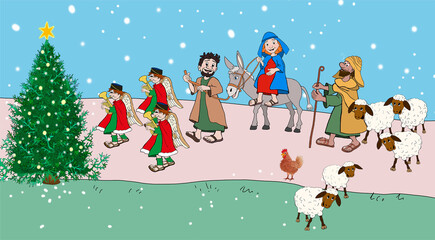 Joseph and Mary go to Bethlehem in a Christmas procession