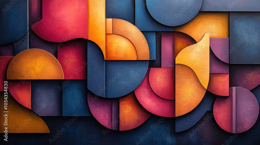 Poster abstract geometric composition of circular and rectangular shapes in vibrant hues