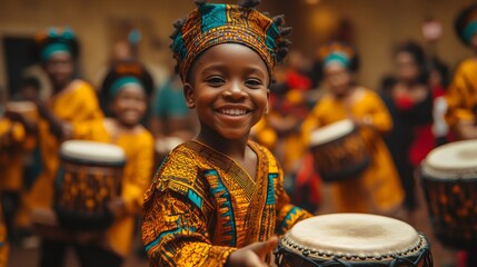 Kwanzaa celebration at a community center, featuring dancers drumming to African beats, vibrant clothing, and cultural performances creating a festive ambiance