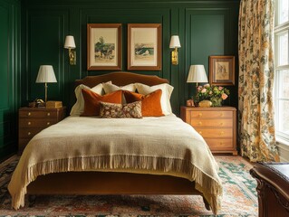 Guest room with emerald green walls and gold accessories contrasting with the brown bed
