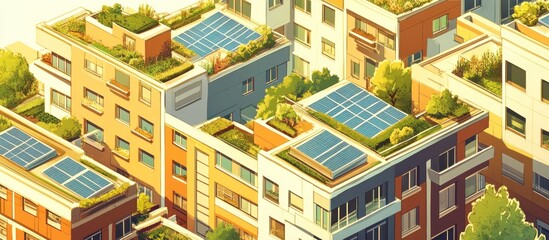 Isometric view of a city with rooftop solar panels and green spaces.