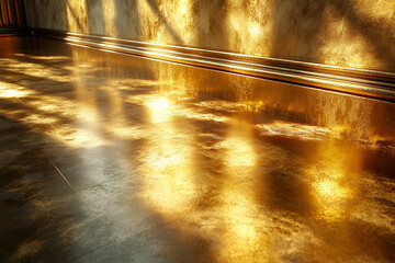 A warm, reflective floor with golden light patterns creating a serene atmosphere.