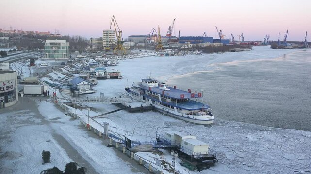 Tulcea, Romania - January 26, 2017: Frozen harbor in hard winter