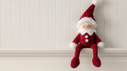 Christmas Elf Doll Sitting on White Mantel Shelf