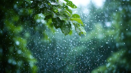 Soft rain falls on leaves, creating a soothing ambiance in the green wilderness