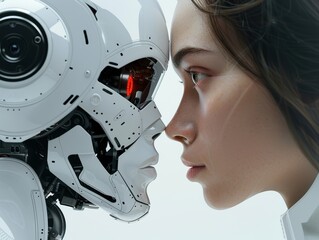 Human Woman Facing Humanoid Robot in a Moment of Reflection Symbolizing the Ggrowing Connection Between Humans and Machines