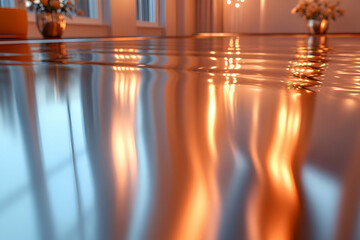 A tranquil scene featuring shimmering reflections on a smooth surface, illuminated by warm light, creating a calming atmosphere.