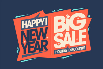 Happy New Year big sale, holiday discounts vector banner template