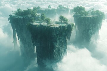 Fototapeta premium Floating Stone Pillars with Trees and Clouds
