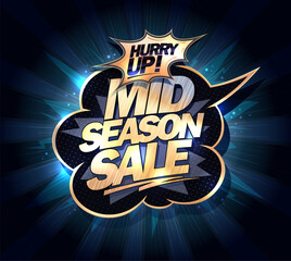 Mid season sale banner vector template with golden speech bubble, 3D style golden colored lettering, and rays on a backdrop