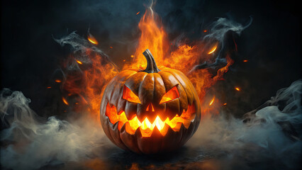 Naklejka premium A menacing jack-o'-lantern sits against a dramatic backdrop of flames and smoke, radiating an eerie glow, perfect for Halloween festivities and ambiance