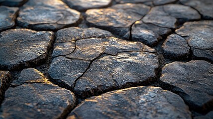Close-up of a Dark, Cracked, and Rough Stone Surface