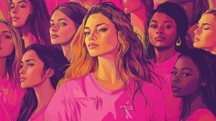A diverse group of women in pink shirts with a ribbon symbol.