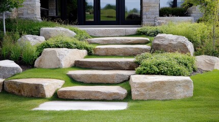 Fototapeta premium The elegant entrance features stone steps and large black doors surrounded by lush green lawns and decorative rocks