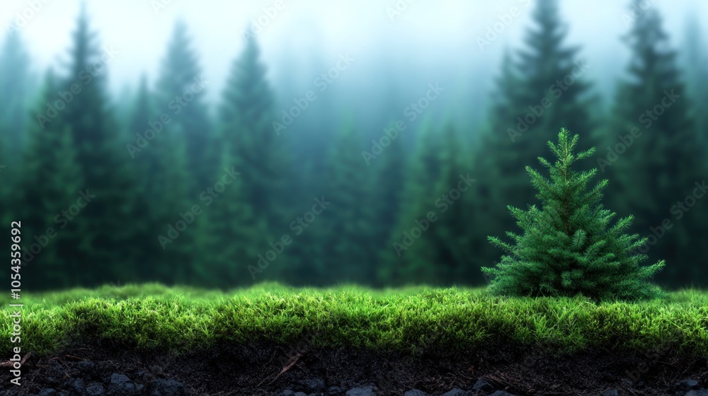 Poster a small pine tree grows beside vibrant green moss in a tranquil setting. the mist envelops the tower