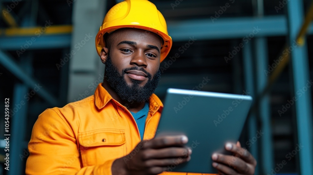 Poster technician configuring a smart factory system using internet of things (iot) technology, symbolizing