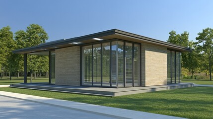 A contemporary house design features extensive glass walls and a sleek exterior, surrounded by vibrant green grass and trees under a clear blue sky