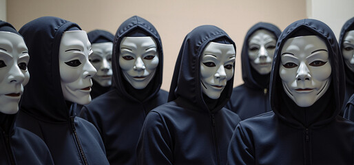 Enigmatic group of identically hooded figures wearing featureless masks, symbolizing anonymity.