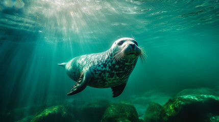 Fototapeta premium A playful seal gliding gracefully through the serene waters filled with sunlight at a coastal marine sanctuary