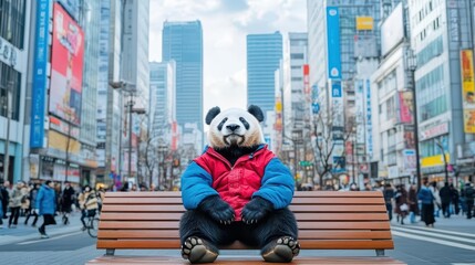 A panda sitting on a bench in a bustling city square, surrounded by towering skyscrapers, Pop Art,...