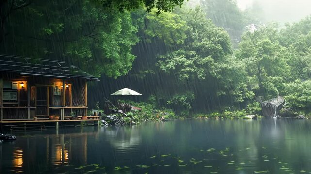 A small wooden cabin sits on the edge of a calm lake during a heavy rainstorm