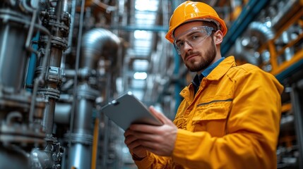 Factory worker monitoring emissions from industrial plants, symbolizing the role of technology in controlling environmental pollution