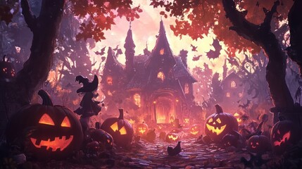 A witch stands in front of a spooky haunted house with a glowing entrance and jack-o-lantern pumpkins illuminated in the surrounding forest, with bats flying in the sky.