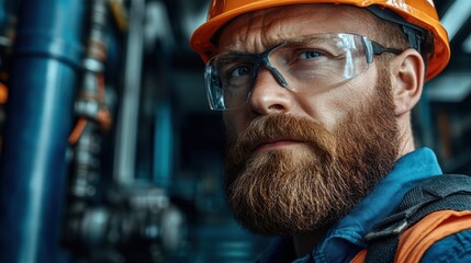 The dedicated construction worker is wearing an orange helmet and protective glasses while surveying the site, embodying a commitment to safety and professionalism in his trade