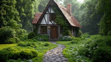 A quaint cottage with ivy-covered walls stands in the heart of a vibrant green forest