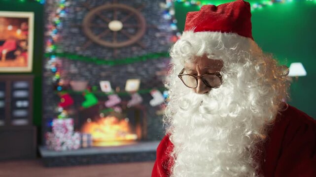 Portrait of cheerful old man Santa Claus smiling at the camera, feeling excited about Christmas holiday spirit. Celebrating the x mas festivity giving toys to kids around the world. Camera B.