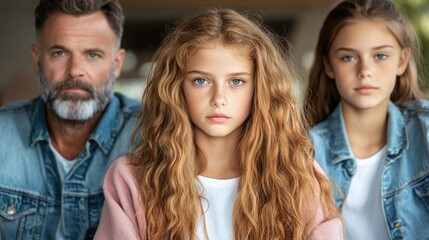 Fototapeta premium A father sits with his two daughters in a warmly lit indoor area, all three displaying serene expressions while dressed casually in denim and soft clothing, emphasizing their close relationship
