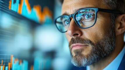 A focused business professional examines stock market trends displayed on digital screens, navigating complex data in a bright office environment filled with technology