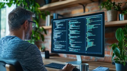 Seated at a wooden desk in a bright workspace, a man is focused on coding, surrounded by plants and modern decor while using a large monitor