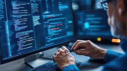 A focused programmer types on a keyboard, analyzing lines of intricate code displayed on multiple monitors in a dimly lit office at night