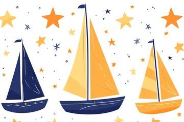 Nautical sailboat pattern featuring navy blue and orange sailboats with stars scattered across a white background perfect for beach party invitations or coastal themed stationery