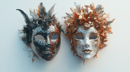 High-Resolution New Year's Celebration Masks with Sequins and Metallic Elements on White Background, Emphasizing Fine Textures and Realistic Lighting