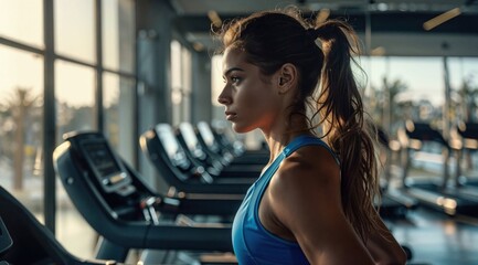 Fototapeta premium A woman is currently standing in a gym adjacent to a treadmill