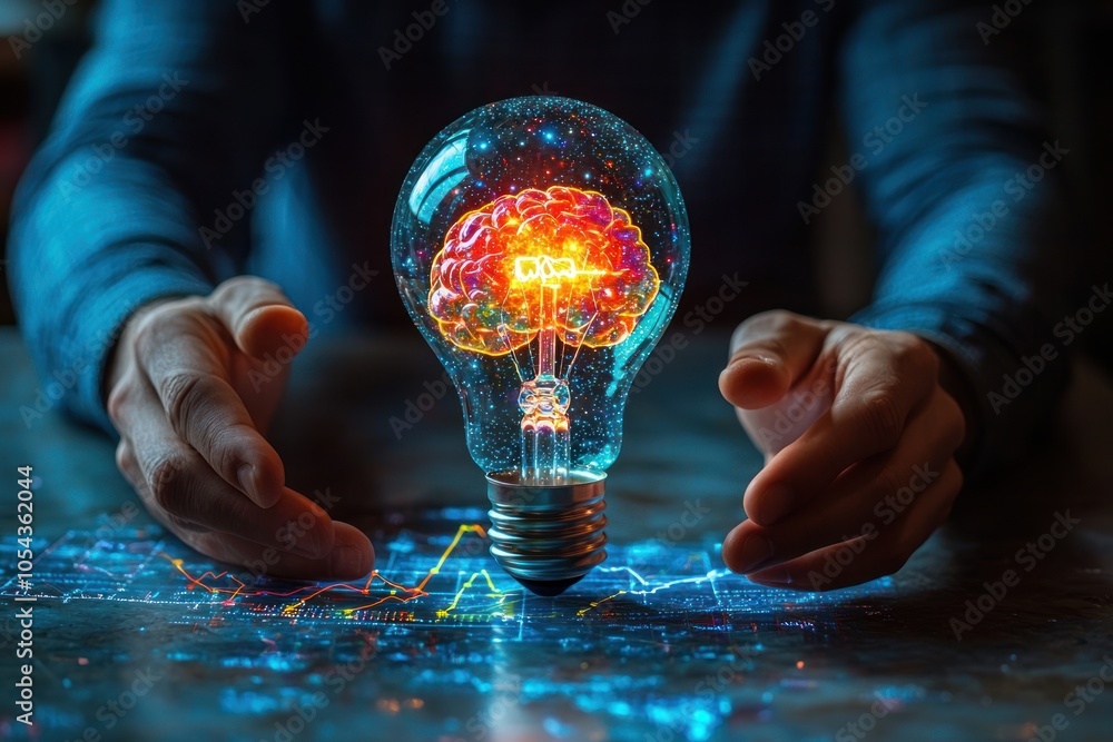 Poster a glowing light bulb with a brain inside, resting on a futuristic data visualization, with hands fra