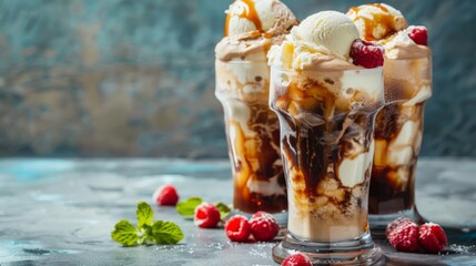 Fun ice cream floats with soda and scoops in tall glasses