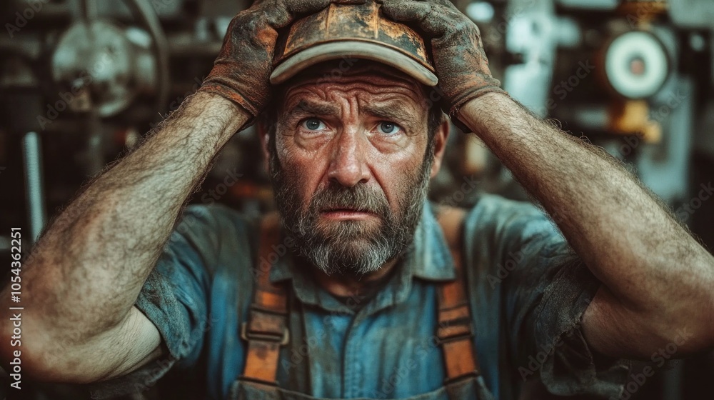 Poster worker experiencing frustration with outdated equipment, challenges of efficiency and communication 