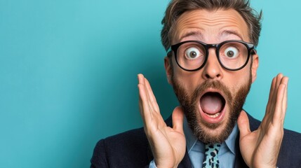 An excited man with glasses displays astonishment, his mouth agape and hands raised in surprise, set against a vibrant blue backdrop, capturing a moment of joy