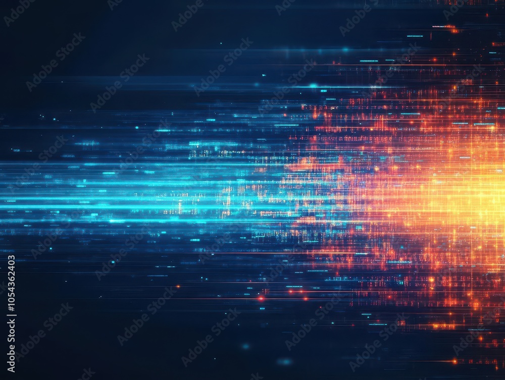 Poster Abstract light beams overlaying a dark background, creating a smooth transition from cool blues to warm oranges, Digital, Neon, Glowing Effects, Futuristic